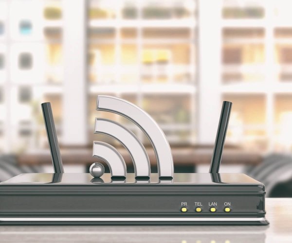 Wifi router in an office background. 3d illustration Wifi router in an office background. 3d illustration
